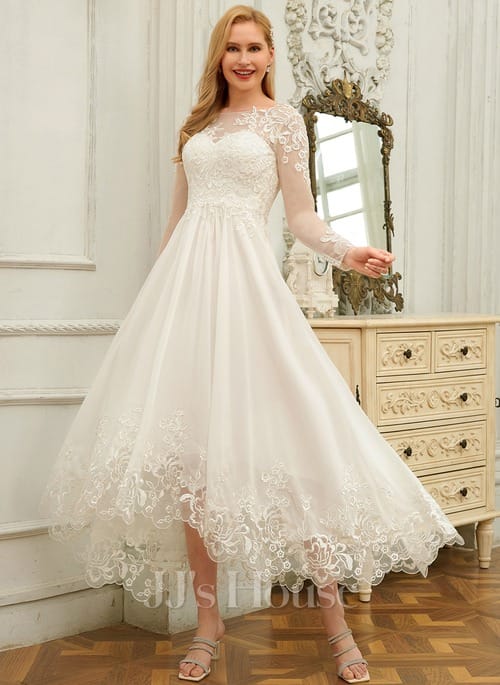 JJ’s House A-Line Scoop Knee-Length Chiffon Lace Wedding Dress With Sequins Review